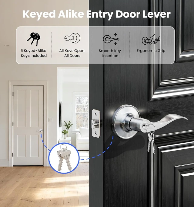 Alt view image 2 of 7 - 2-Pack Keyed-Alike Entry Door Handles with Locks & Keys, Satin Nickel