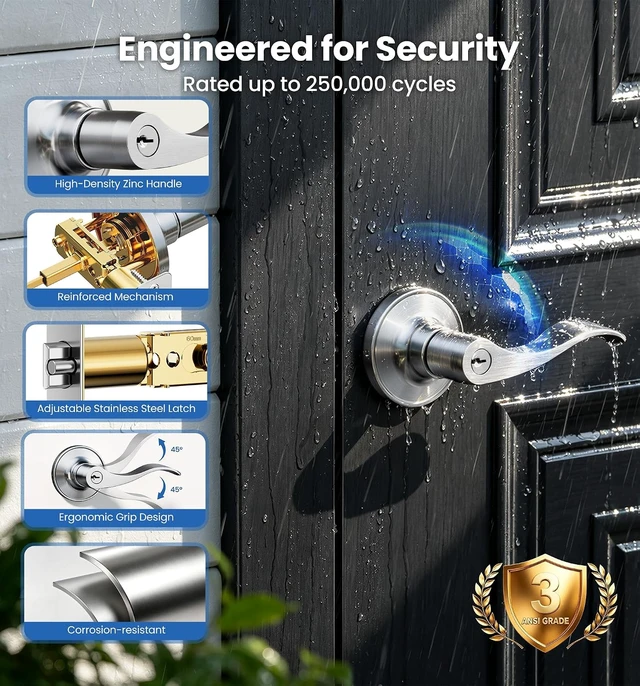 Alt view image 4 of 7 - 2-Pack Keyed-Alike Entry Door Handles with Locks & Keys, Satin Nickel