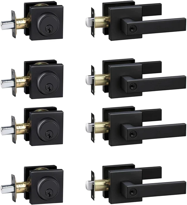 Main image of Keyed-Alike Exterior Door Lock Set with Single-Cylinder Deadbolt Front Door Handleset, Heavy-Duty Entry Levers & Locksets (Matte Black, 4 Pack)