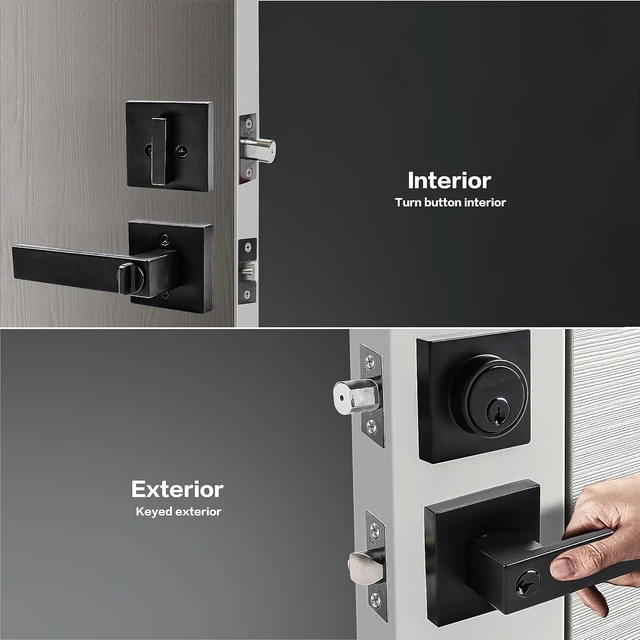 Alt view image 3 of 5 - Keyed-Alike Exterior Door Lock Set with Single-Cylinder Deadbolt Front Door Handleset, Heavy-Duty Entry Levers & Locksets (Matte Black, 4 Pack)