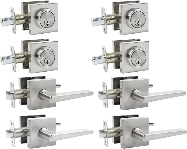 Main image of Exterior Door Knob & Deadbolt Lock Set with Square Deadbolt Heavy-Duty Single-Cylinder Entry Door Lever (Satin Nickel, 4 Pack)