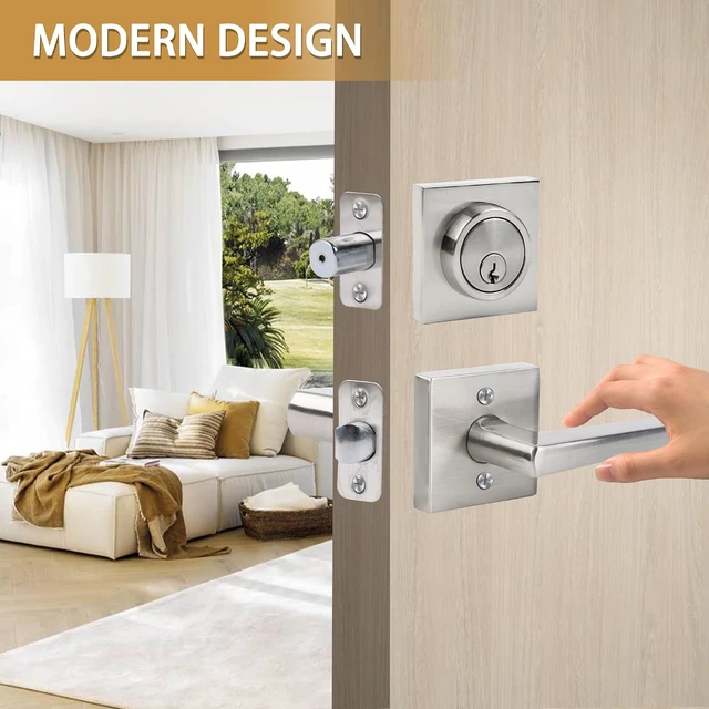 Alt view image 2 of 5 - Exterior Door Knob & Deadbolt Lock Set with Square Deadbolt Heavy-Duty Single-Cylinder Entry Door Lever (Satin Nickel, 4 Pack)
