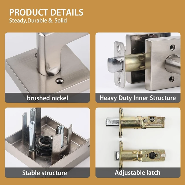 Alt view image 3 of 5 - Exterior Door Knob & Deadbolt Lock Set with Square Deadbolt Heavy-Duty Single-Cylinder Entry Door Lever (Satin Nickel, 4 Pack)