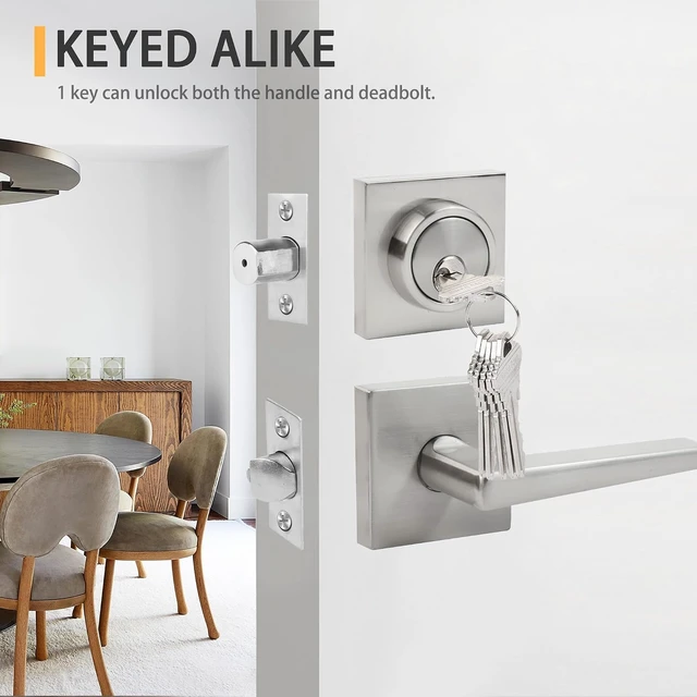 Alt view image 4 of 5 - Exterior Door Knob & Deadbolt Lock Set with Square Deadbolt Heavy-Duty Single-Cylinder Entry Door Lever (Satin Nickel, 4 Pack)