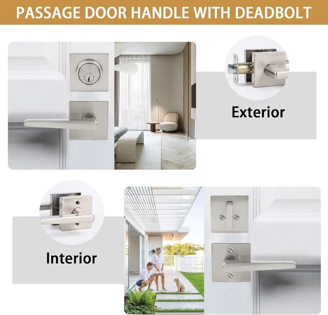Alt view image 5 of 5 - Exterior Door Knob & Deadbolt Lock Set with Square Deadbolt Heavy-Duty Single-Cylinder Entry Door Lever (Satin Nickel, 4 Pack)