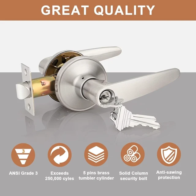 Alt view image 2 of 7 - 5-Pack Keyed-Alike Entry Door Lever Lockset, 3 Keys Each All Same Key, Satin Nickel Finish for Exterior Doors, Commercial or Residential