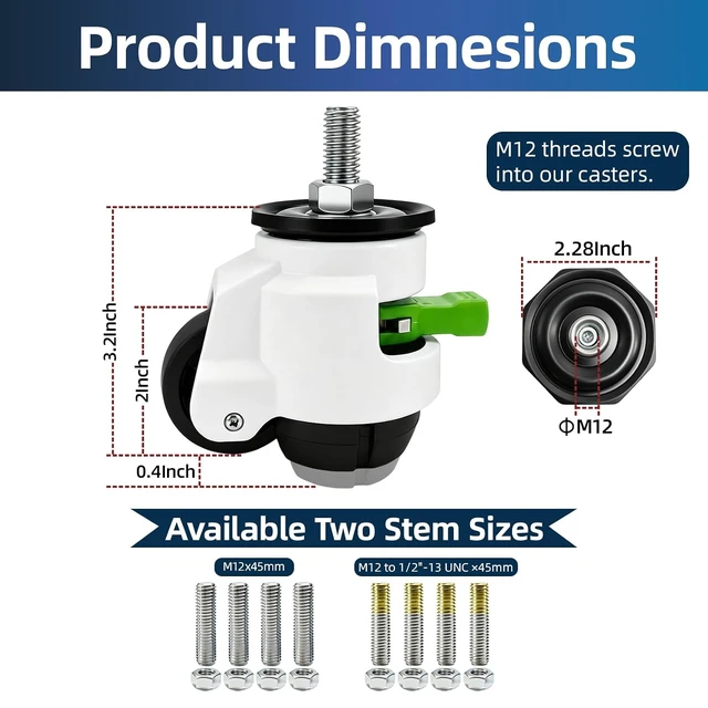 Alt view image 2 of 7 - Leveling Stem Casters with Ratchet Handle, 2200 Lbs Load, M12 Thread Adjustable Retractable Set of 4, Stem Options 1/2" UNC & M12, for Workbench, Machinery & Equipment (T60)