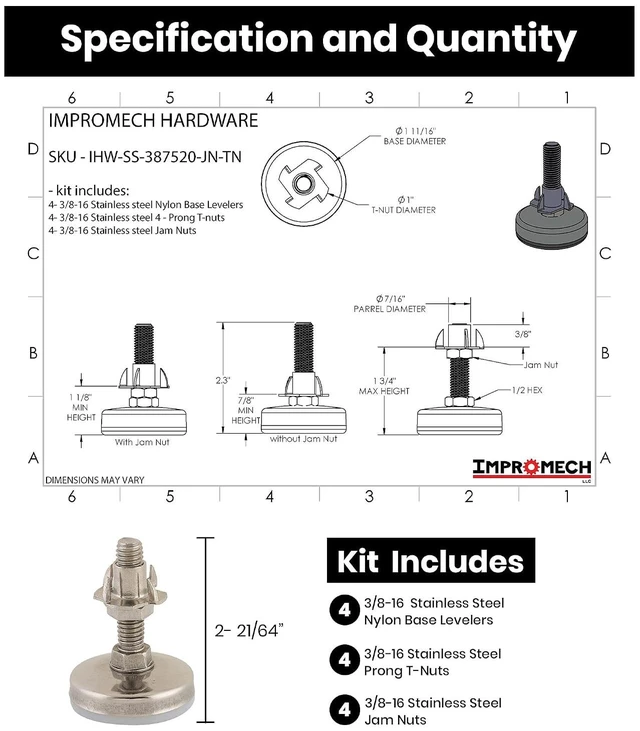 Alt view image 2 of 7 - Stainless Steel Outdoor Leveler Kit, (4) 3/8-16 Leg Levelers with Jam Nuts Adjustable Leveling Feet for Cabinets, Patio Furniture & Table Legs (Kit with 4-Prong T-Nuts)