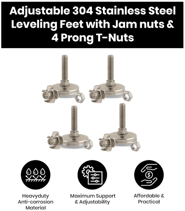 Alt view image 3 of 7 - Stainless Steel Outdoor Leveler Kit, (4) 3/8-16 Leg Levelers with Jam Nuts Adjustable Leveling Feet for Cabinets, Patio Furniture & Table Legs (Kit with 4-Prong T-Nuts)