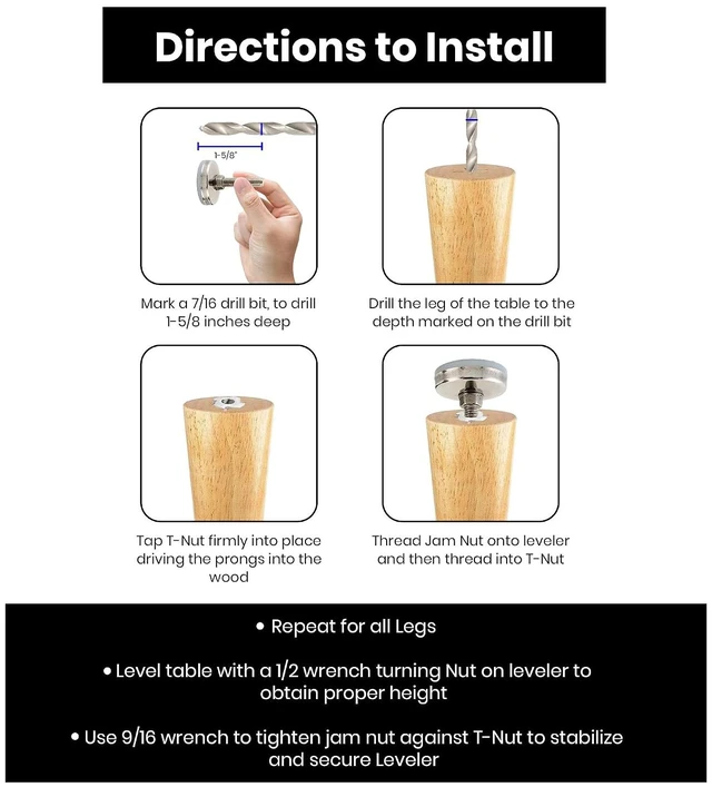 Alt view image 4 of 7 - Stainless Steel Outdoor Leveler Kit, (4) 3/8-16 Leg Levelers with Jam Nuts Adjustable Leveling Feet for Cabinets, Patio Furniture & Table Legs (Kit with 4-Prong T-Nuts)
