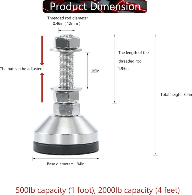Alt view image 2 of 7 - 2000 lb Capacity Stainless Steel Adjustable Leveling Feet, M12 Thread, 1.94" Dia Base Anti-Slip Nylon Pad for Shelving, Machinery, Workbench & Furniture