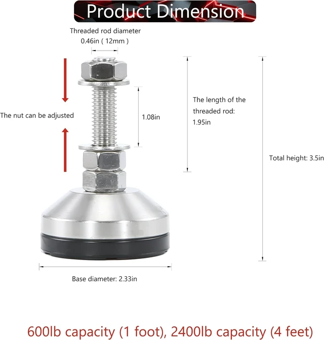 Alt view image 2 of 7 - 2400 lb Capacity Stainless Steel Adjustable Leveling Feet, M12 Thread, 2.33" Dia Base Anti-Slip Nylon Pad for Shelving, Machinery, Workbench & Furniture