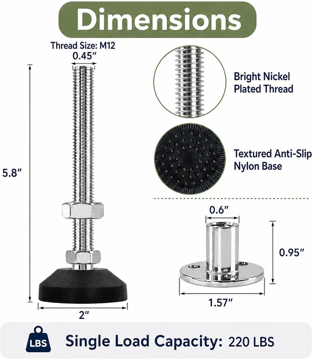 Alt view image 3 of 6 - 4-Pack M12 Adjustable Leveling Feet with 20° Swivel Base & T-Nuts