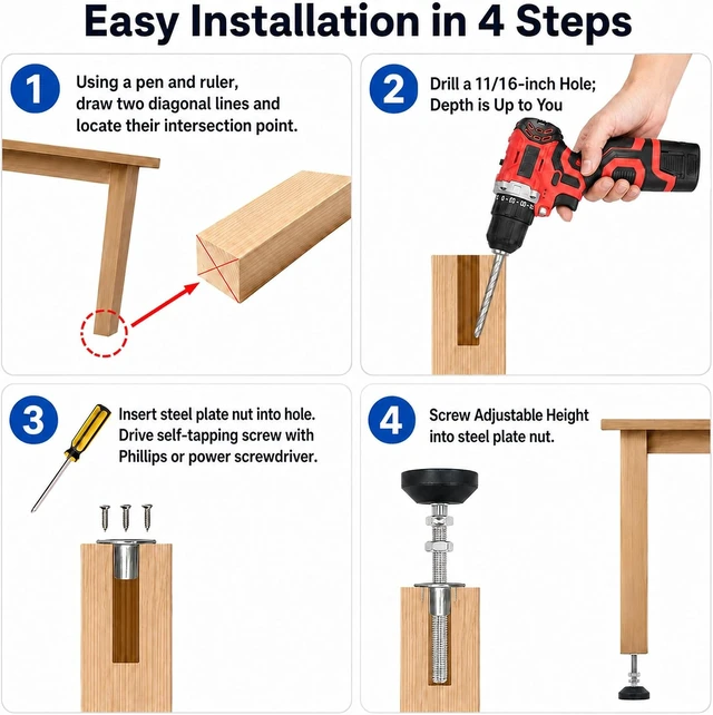 Alt view image 4 of 6 - 4-Pack M12 Adjustable Leveling Feet with 20° Swivel Base & T-Nuts