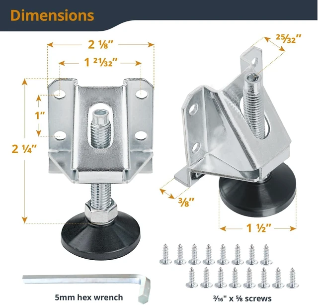 Alt view image 2 of 6 - 8-Pack Heavy-Duty Adjustable Leveling Feet with Nylon Foot, Screws & Lock Nuts Furniture Leg Levelers for Workbenches, Cabinets, Tables & Shelving (71136-P2)