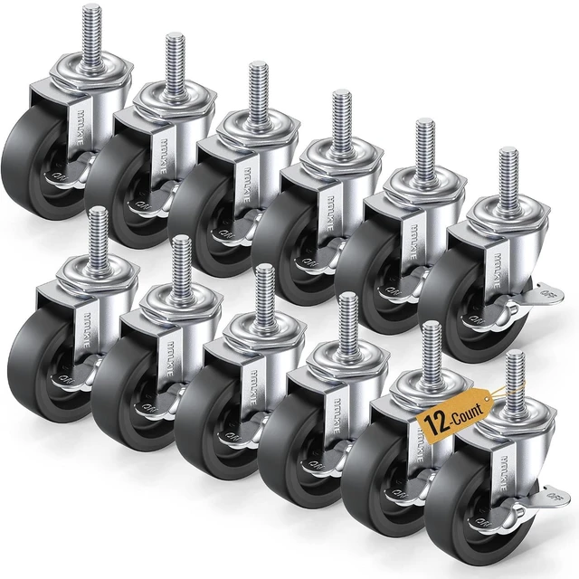Main image of 12-Pack 3-Inch Locking Swivel Caster Wheels, Threaded Stem 3/8"-16 x 1-1/2" Heavy-Duty Casters, Black