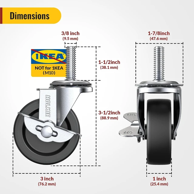 Alt view image 2 of 7 - 12-Pack 3-Inch Locking Swivel Caster Wheels, Threaded Stem 3/8"-16 x 1-1/2" Heavy-Duty Casters, Black