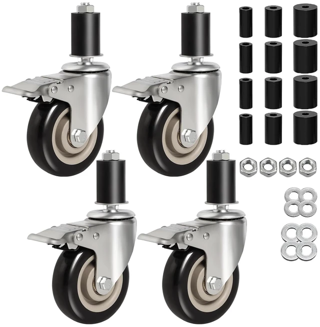 Main image of 4-Inch Heavy-Duty Expanding Stem Casters with Brake, Set of 4 Fit 7/8" to 1-5/8" ID Tube Legs for Stainless Steel Tables, Equipment Stands, Carts & Shelving Racks