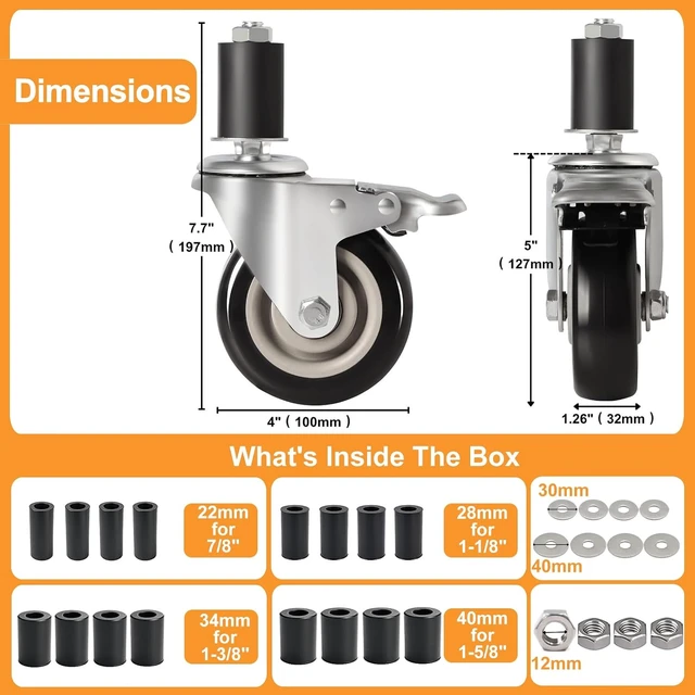 Alt view image 2 of 7 - 4-Inch Heavy-Duty Expanding Stem Casters with Brake, Set of 4 Fit 7/8" to 1-5/8" ID Tube Legs for Stainless Steel Tables, Equipment Stands, Carts & Shelving Racks
