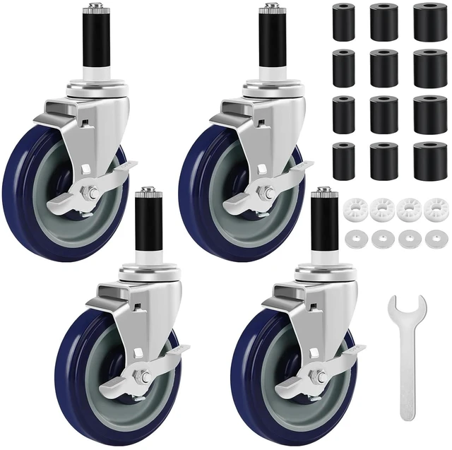 Main image of 5-Inch Prep Table Wheels, Set of 4 Expanding Stem Casters Fit 7/8", 1", 1-1/2" & 1-5/8" Tube Legs for Stainless Steel Tables, Carts, Furniture & Kitchen Appliances