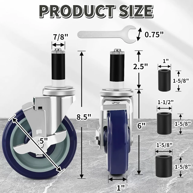 Alt view image 2 of 7 - 5-Inch Prep Table Wheels, Set of 4 Expanding Stem Casters Fit 7/8", 1", 1-1/2" & 1-5/8" Tube Legs for Stainless Steel Tables, Carts, Furniture & Kitchen Appliances