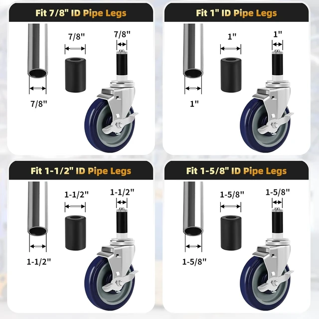 Alt view image 3 of 7 - 5-Inch Prep Table Wheels, Set of 4 Expanding Stem Casters Fit 7/8", 1", 1-1/2" & 1-5/8" Tube Legs for Stainless Steel Tables, Carts, Furniture & Kitchen Appliances