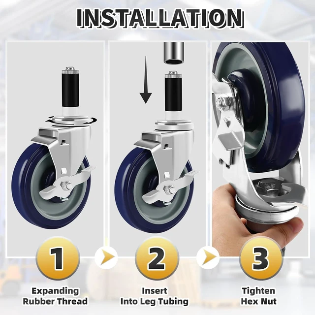 Alt view image 6 of 7 - 5-Inch Prep Table Wheels, Set of 4 Expanding Stem Casters Fit 7/8", 1", 1-1/2" & 1-5/8" Tube Legs for Stainless Steel Tables, Carts, Furniture & Kitchen Appliances