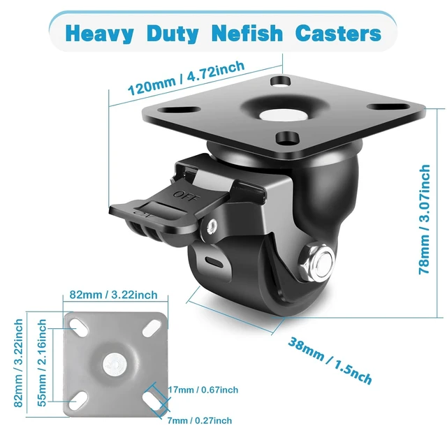 Alt view image 2 of 7 - 2-Inch Industrial-Grade Heavy-Duty Casters, Set of 4, 2200 LBS Low-Gravity Plate Swivel Caster with Brake, Corrosion-Resistant Nylon Wheels for Equipment