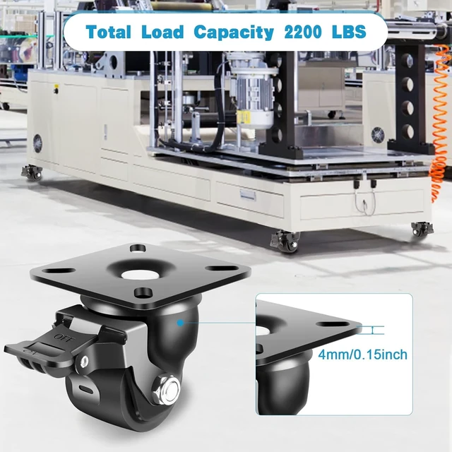 Alt view image 4 of 7 - 2-Inch Industrial-Grade Heavy-Duty Casters, Set of 4, 2200 LBS Low-Gravity Plate Swivel Caster with Brake, Corrosion-Resistant Nylon Wheels for Equipment