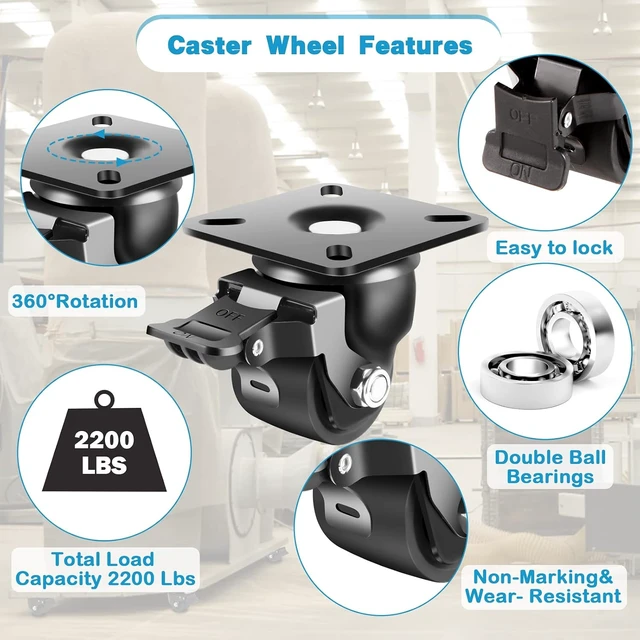 Alt view image 5 of 7 - 2-Inch Industrial-Grade Heavy-Duty Casters, Set of 4, 2200 LBS Low-Gravity Plate Swivel Caster with Brake, Corrosion-Resistant Nylon Wheels for Equipment
