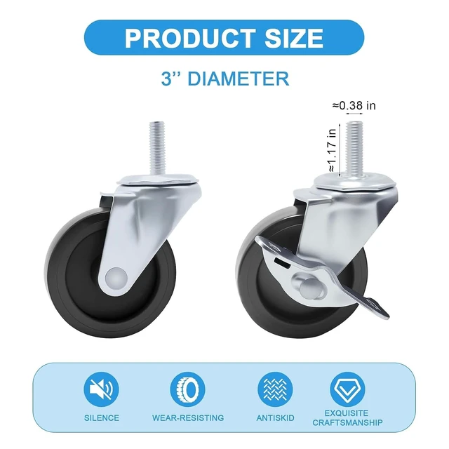Alt view image 2 of 6 - 3" Shelving Wheels Compatible with Seville Classics Heavy-Duty Threaded Stem Swivel Locking Casters, Set of 4, for Office, Kitchen, Garage & Warehouse