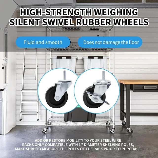 Alt view image 5 of 6 - 3" Shelving Wheels Compatible with Seville Classics Heavy-Duty Threaded Stem Swivel Locking Casters, Set of 4, for Office, Kitchen, Garage & Warehouse