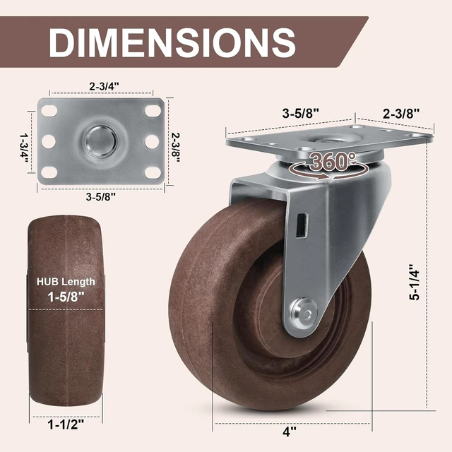 Alt view image 2 of 7 - 4"x1.5" Hi-Temp Glass-Filled Nylon Caster Wheels, Set of 4, 2800 LB Capacity High-Temp Industrial Bakery & Oven Rack Casters (4 Swivel)