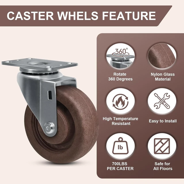 Alt view image 4 of 7 - 4"x1.5" Hi-Temp Glass-Filled Nylon Caster Wheels, Set of 4, 2800 LB Capacity High-Temp Industrial Bakery & Oven Rack Casters (4 Swivel)