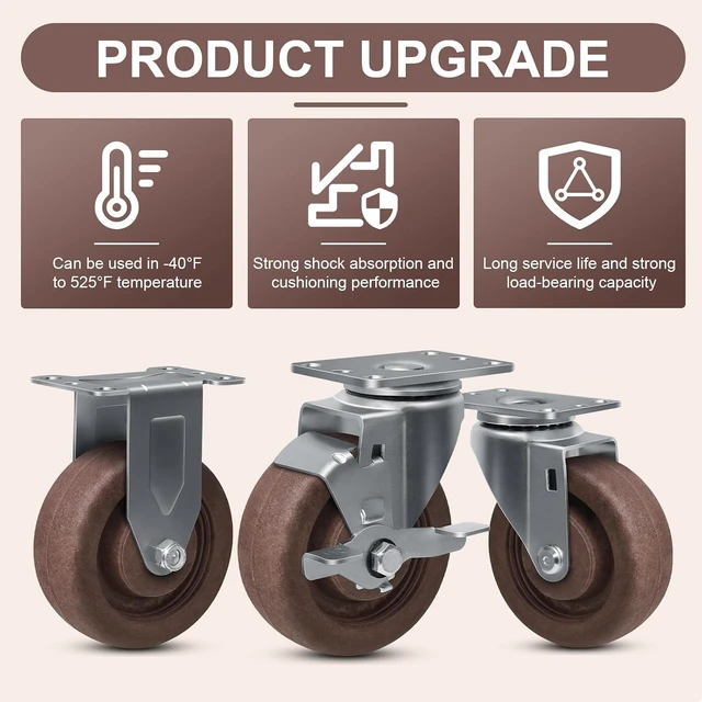 Alt view image 7 of 7 - 4"x1.5" Hi-Temp Glass-Filled Nylon Caster Wheels, Set of 4, 2800 LB Capacity High-Temp Industrial Bakery & Oven Rack Casters (4 Swivel)