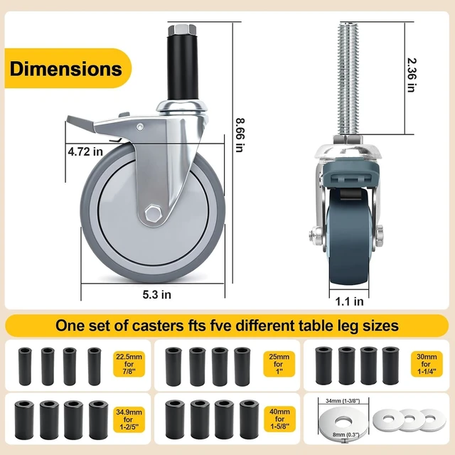 Alt view image 2 of 7 - 4-Inch Expanding Stem Caster Wheels with Locking Brake, Set of 4