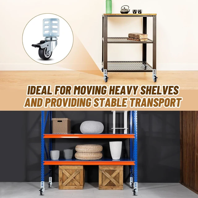 Alt view image 4 of 6 - 8-Pack 2" Heavy-Duty 720 lb Storage Rack Caster Wheels, 360° Swivel Side-Mount Corner Casters with Top Brake Fits Boltless Self-Locking Shelving Racks (Black)