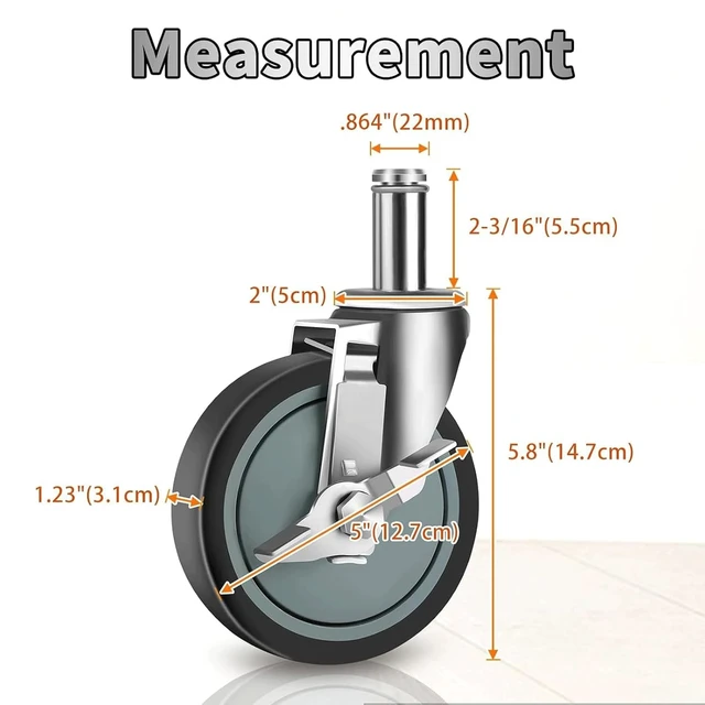 Alt view image 2 of 7 - 5-Inch Stem Casters for Wire Shelving Racks, Set of 4 Heavy-Duty Swivel Wheels with Brake, Scaffolding Wheel Replacement (.864" x 2-3/16")