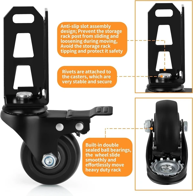 Alt view image 4 of 7 - 3" Storage Rack Caster Wheels, 4 Pcs, 1000 Lbs Total Capacity Fits Boltless Self-Locking Shelving Racks