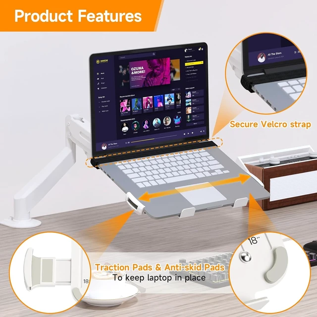 Alt view image 3 of 7 - Adjustable 13-18 Inch Laptop VESA Arm Mount Tray, Supports up to 10 lbs Fits 75x75/100x100 mm VESA Holes, for Monitor Arms & Stands (Tray Only), White (TP007W)