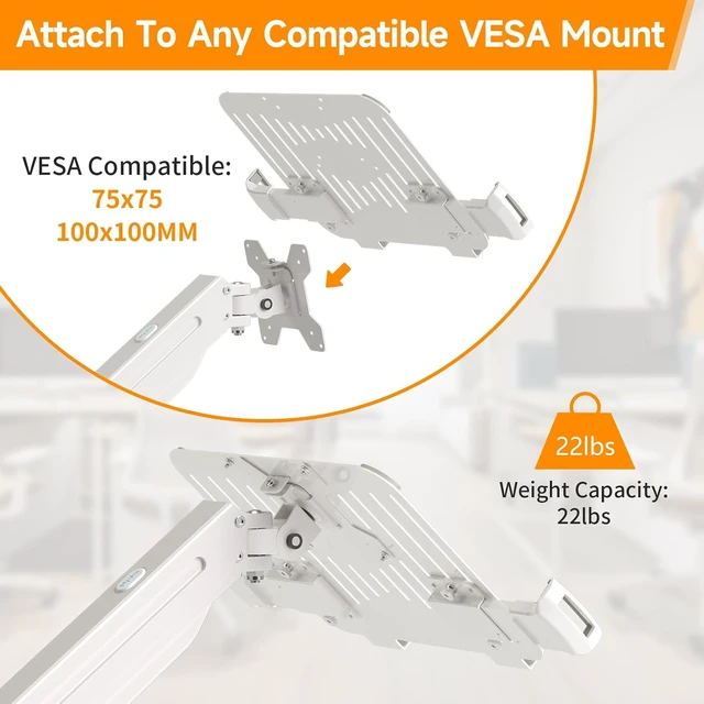 Alt view image 4 of 7 - Adjustable 13-18 Inch Laptop VESA Arm Mount Tray, Supports up to 10 lbs Fits 75x75/100x100 mm VESA Holes, for Monitor Arms & Stands (Tray Only), White (TP007W)
