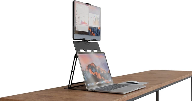 Alt view image 6 of 6 - Foldable Portable Monitor Stand for iPad & Tablet, 7.75-10.75 Inch Screen Width Clamp Retention, Mountable, Travels with Laptop, Black