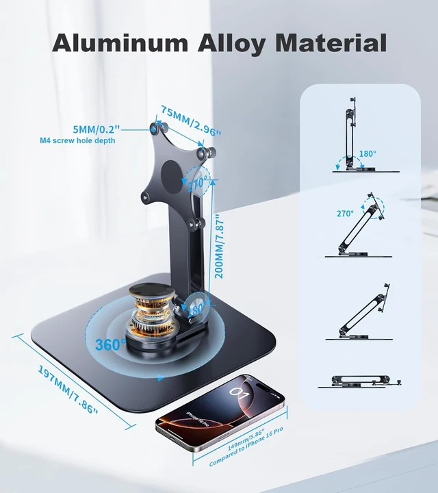 Alt view image 3 of 7 - Portable Monitor Stand with VESA 75x75mm Holes & M4 Anti-Loss Screws, Aluminum Alloy Base Fits 7"-18" Small Monitors, Lay Flat, Black Desk Mount (Not Fits 100x100mm)
