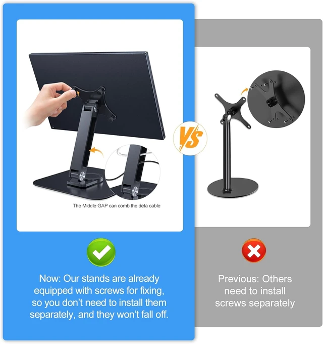 Alt view image 5 of 7 - Portable Monitor Stand with VESA 75x75mm Holes & M4 Anti-Loss Screws, Aluminum Alloy Base Fits 7"-18" Small Monitors, Lay Flat, Black Desk Mount (Not Fits 100x100mm)