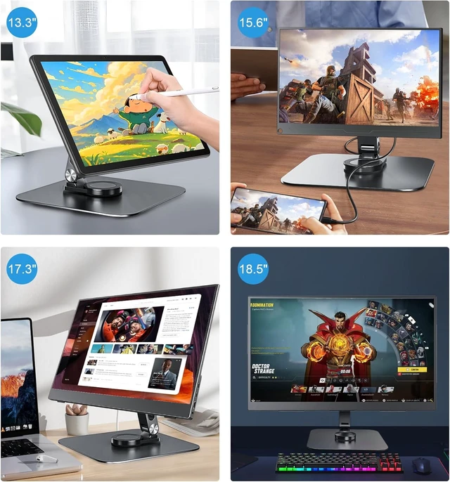 Alt view image 6 of 7 - Portable Monitor Stand with VESA 75x75mm Holes & M4 Anti-Loss Screws, Aluminum Alloy Base Fits 7"-18" Small Monitors, Lay Flat, Black Desk Mount (Not Fits 100x100mm)