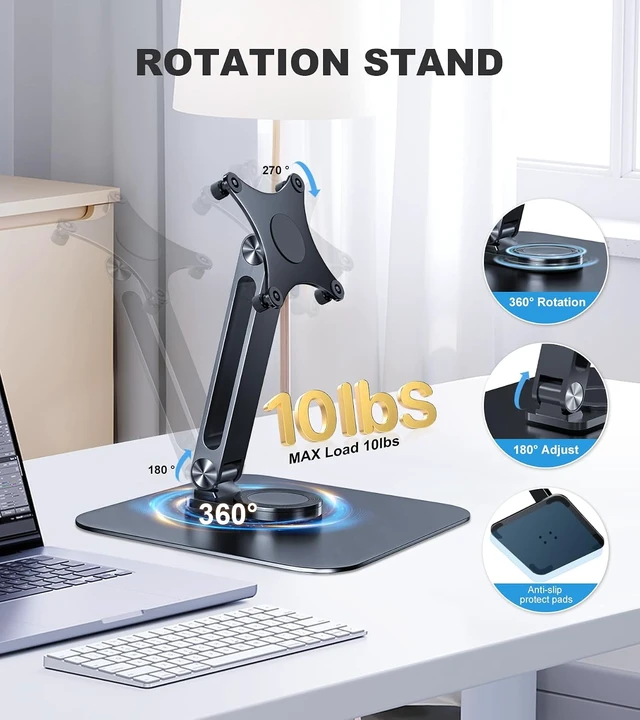 Alt view image 4 of 7 - Portable Monitor Stand with VESA 75x75mm Holes & M4 Anti-Loss Screws, Aluminum Alloy Base Fits 7"-18" Small Monitors, Lay Flat, Black Desk Mount (Not Fits 100x100mm)