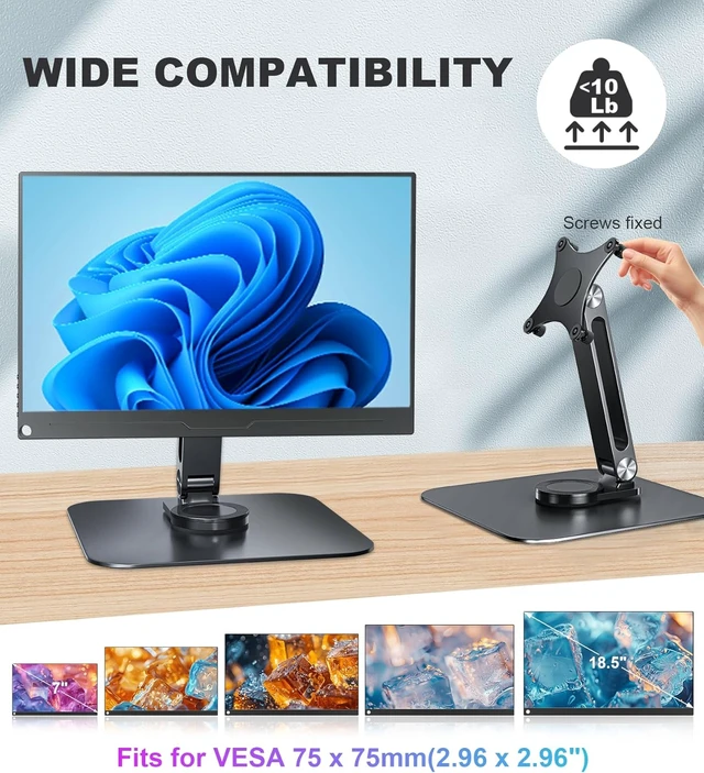 Alt view image 2 of 7 - Portable Monitor Stand with VESA 75x75mm Holes & M4 Anti-Loss Screws, Aluminum Alloy Base Fits 7"-18" Small Monitors, Lay Flat, Black Desk Mount (Not Fits 100x100mm)