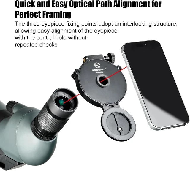 Alt view image 4 of 7 - SUNWAY SPA-3060 Universal Magnetic Smartphone Adapter Fits 22-60mm Eyepieces & Cell Phones for Binoculars, Monoculars, Spotting Scopes & Biology Microscopes