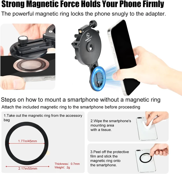 Alt view image 5 of 7 - SUNWAY SPA-3060 Universal Magnetic Smartphone Adapter Fits 22-60mm Eyepieces & Cell Phones for Binoculars, Monoculars, Spotting Scopes & Biology Microscopes