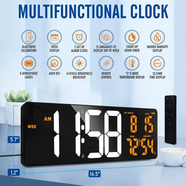 Alt view image 2 of 7 - 17.2'' Bluetooth Large Digital Wall Clock LED Display Timer with RGB Ambient Lights, Temperature/Humidity & Remote Control for Home, Office, Classroom (White + Orange)